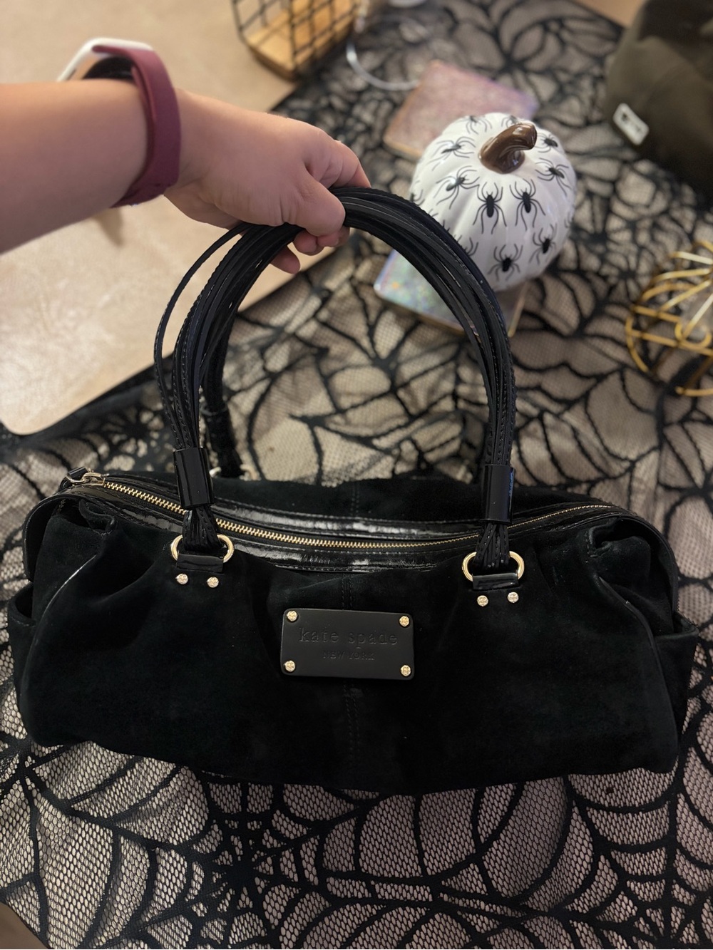 kate Spade Black Suede Shoulder Bag with Gold-Tone Hardware